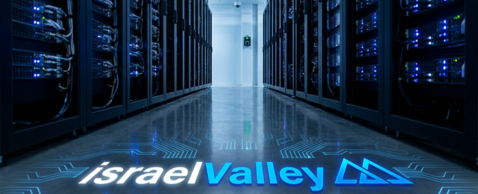 Data center avec le logo israelValley en circuits lumineux au sol