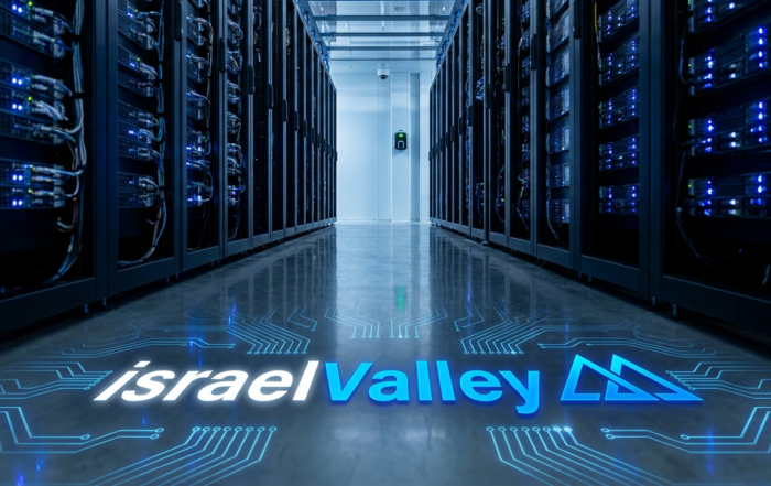 Data center avec le logo israelValley en circuits lumineux au sol