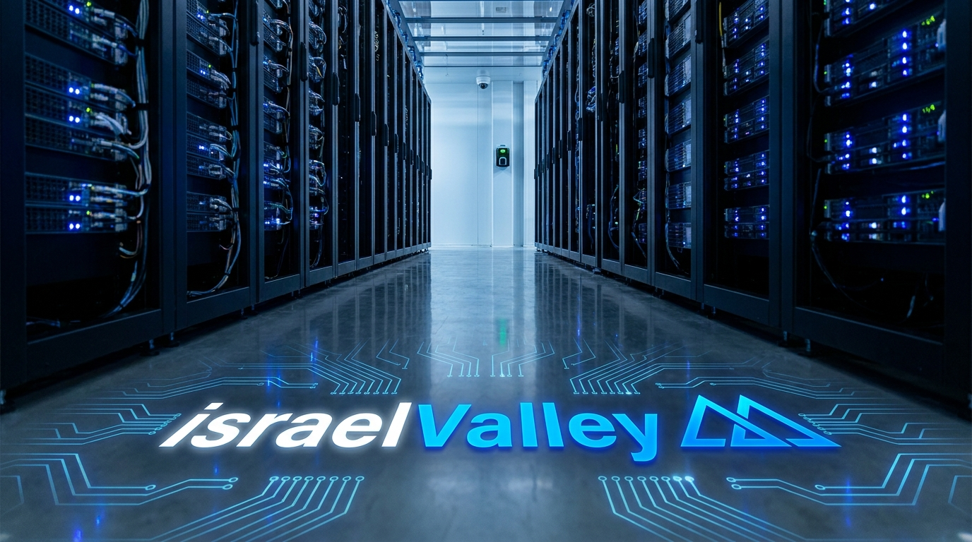 Data center avec le logo israelValley en circuits lumineux au sol