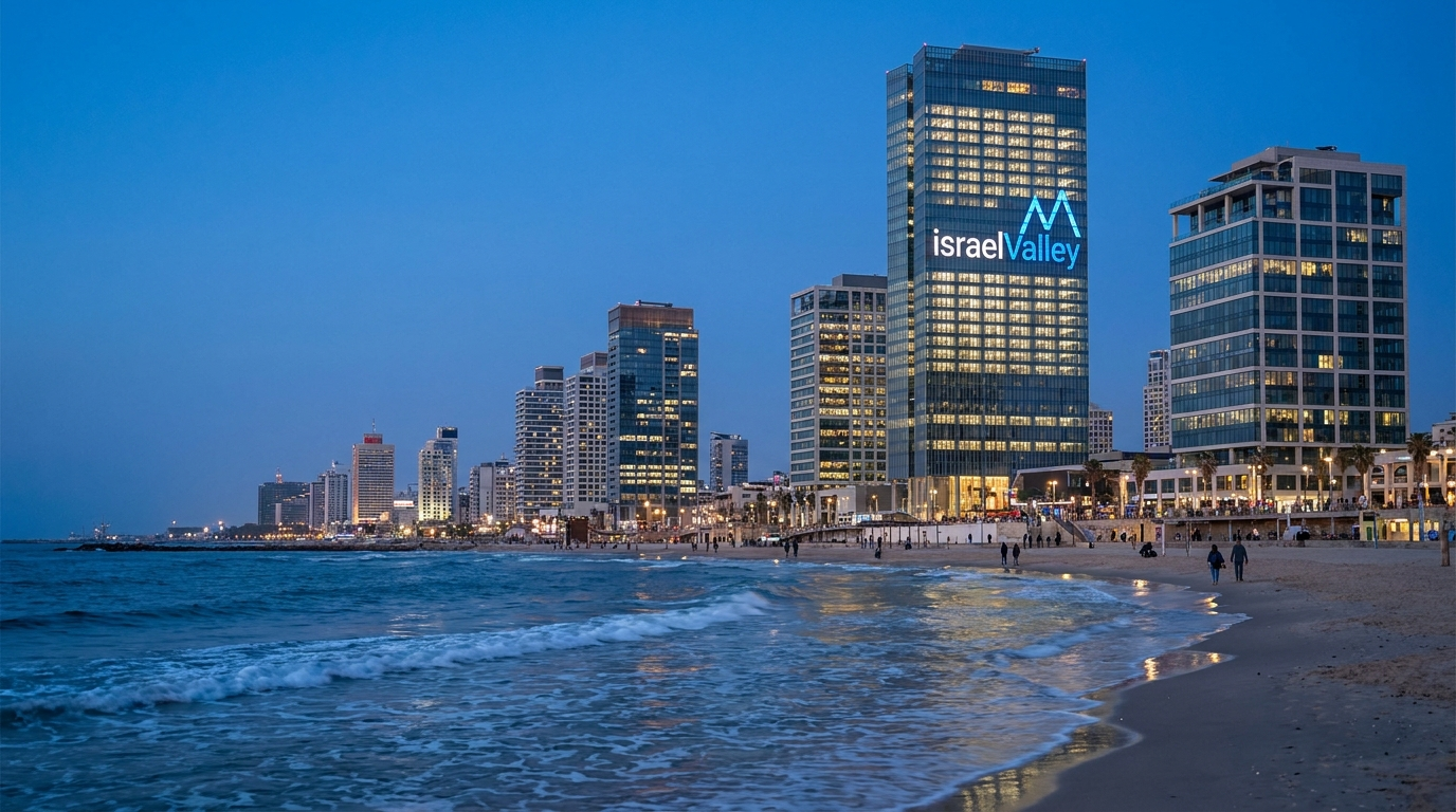 Skyline de Tel Aviv de nuit avec le logo israelValley illuminé sur une tour