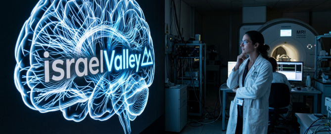 Laboratoire de neurosciences avec le logo israelValley formé par des connexions neuronales à l'écran