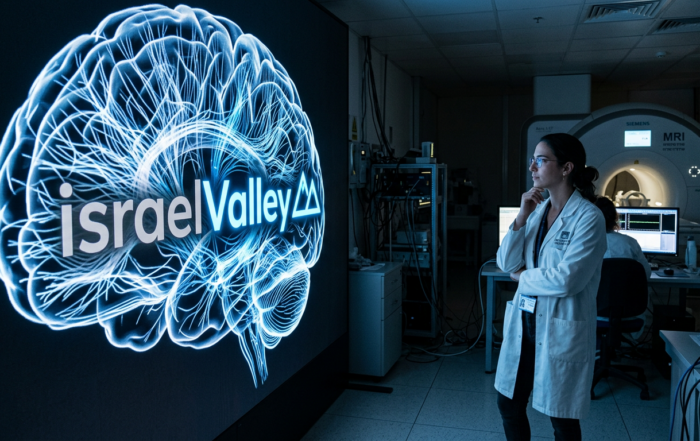Laboratoire de neurosciences avec le logo israelValley formé par des connexions neuronales à l'écran