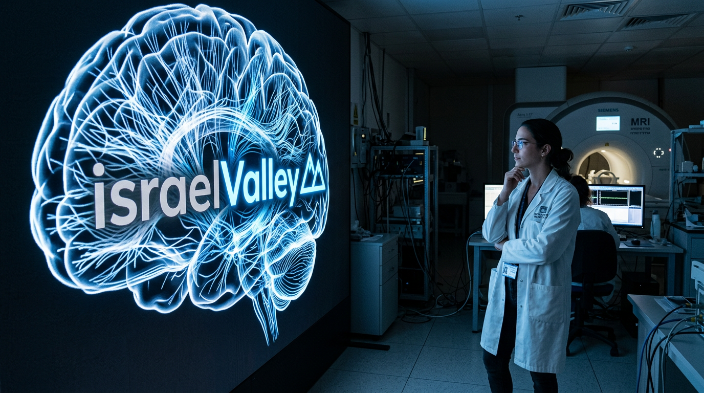Laboratoire de neurosciences avec le logo israelValley formé par des connexions neuronales à l'écran