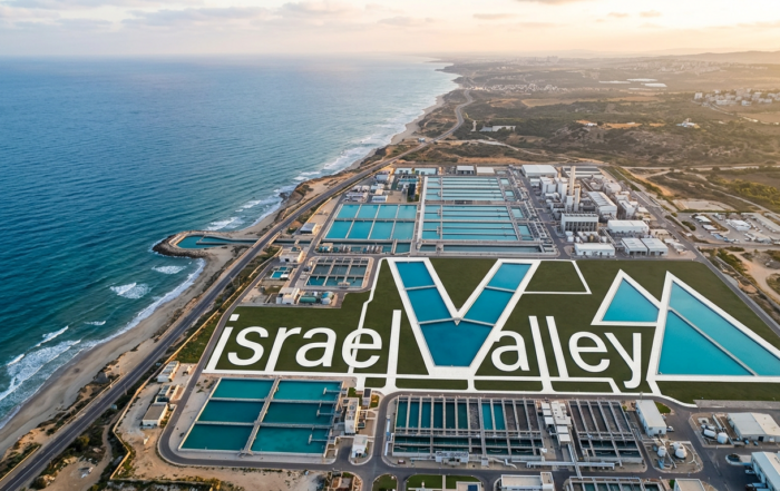 Vue aérienne d'une usine de dessalement sur la côte israélienne avec le logo israelValley dessiné par les bassins