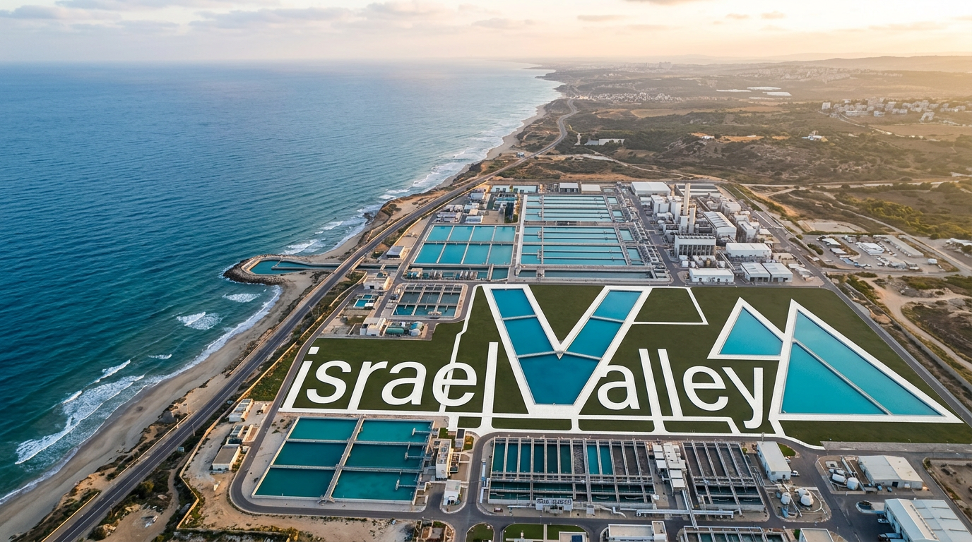 Vue aérienne d'une usine de dessalement sur la côte israélienne avec le logo israelValley dessiné par les bassins